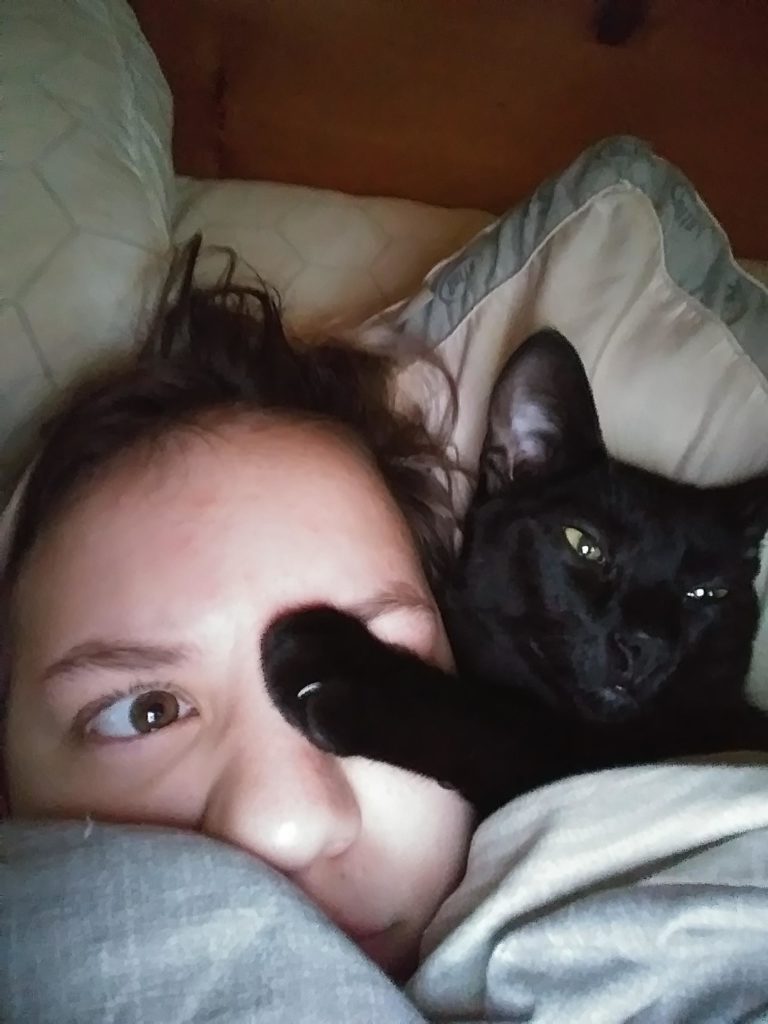 Cat covers humans eye with her paw