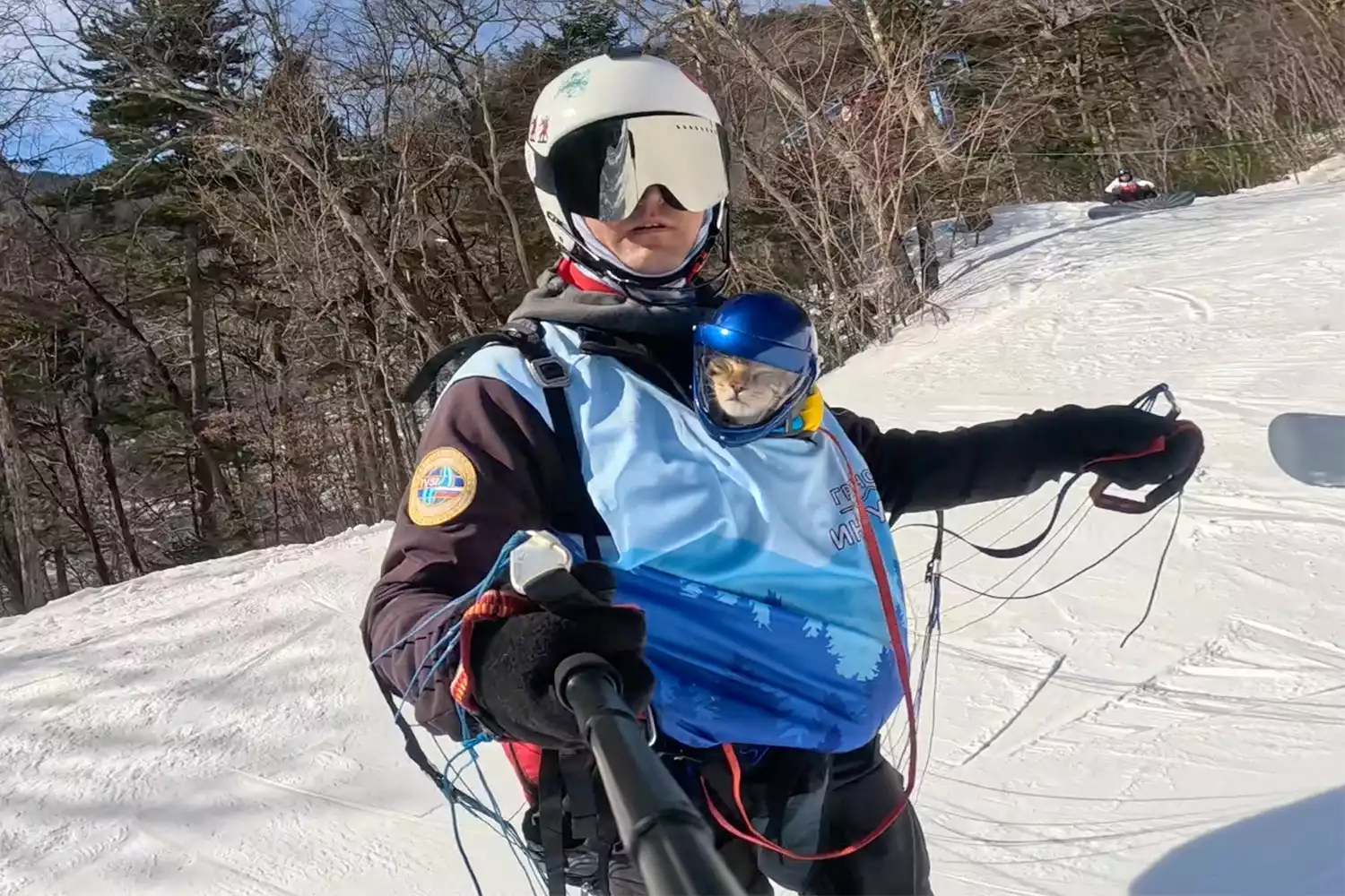 Man dressed for skydiving and skiing carries a cat in a pouch on his chest. the cat is wearing goggles and a helmet