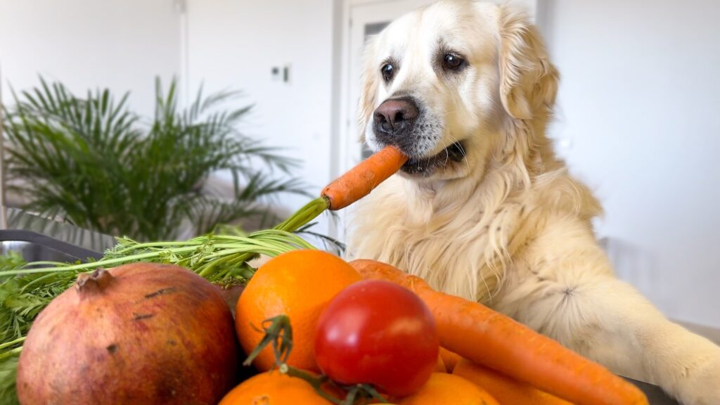 Golden retriever dog steals a carrot from a plate.