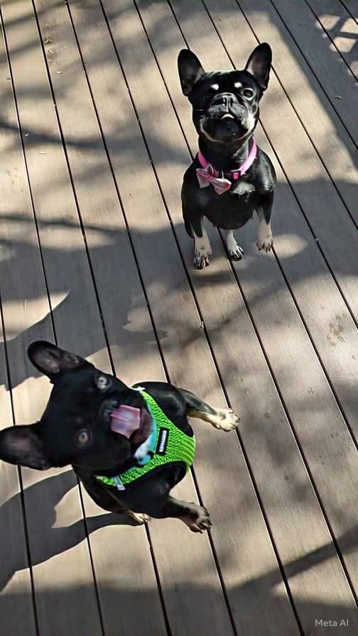 Two French bulldogs stand on their hind legs on a wooden deck