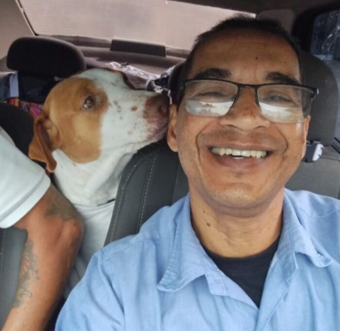 Photo of a man driving a taxi being licked on the ear by a dog in the backseat