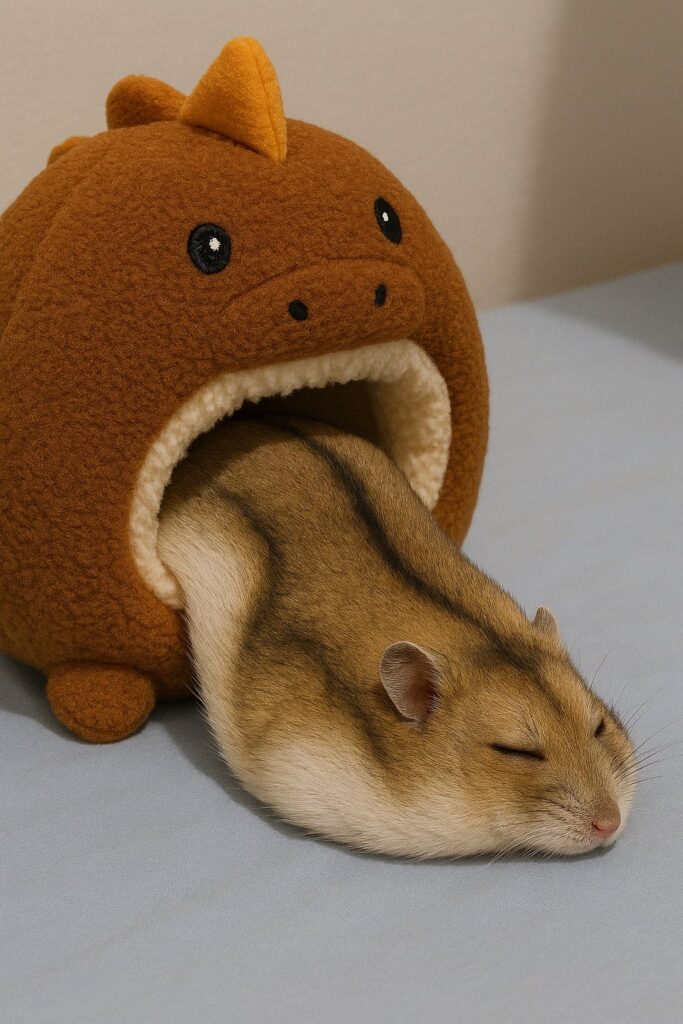 Hamster sleeps inside an enclosure that looks like a stuffed dinosaur.