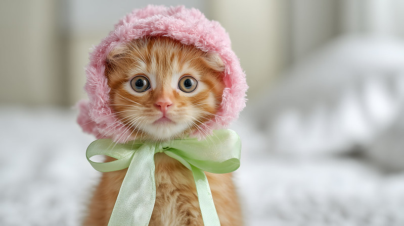 Orange striped kitten wears a pink knitted bonnet tied with a green bow. The kitten looks perplexed.