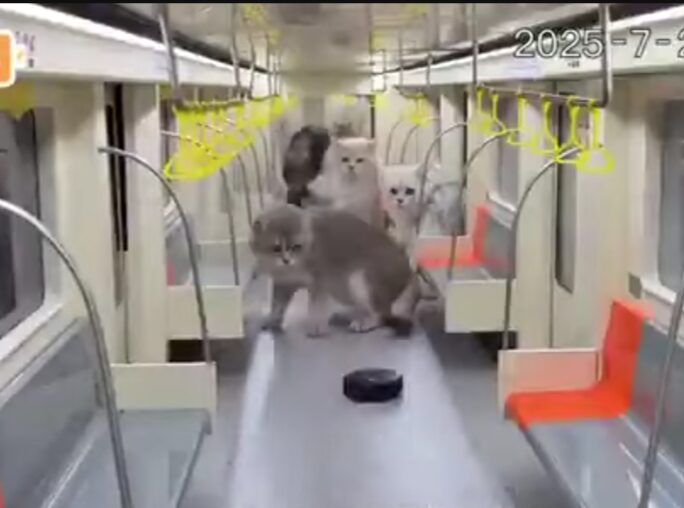 Cats inside a miniature subway car.