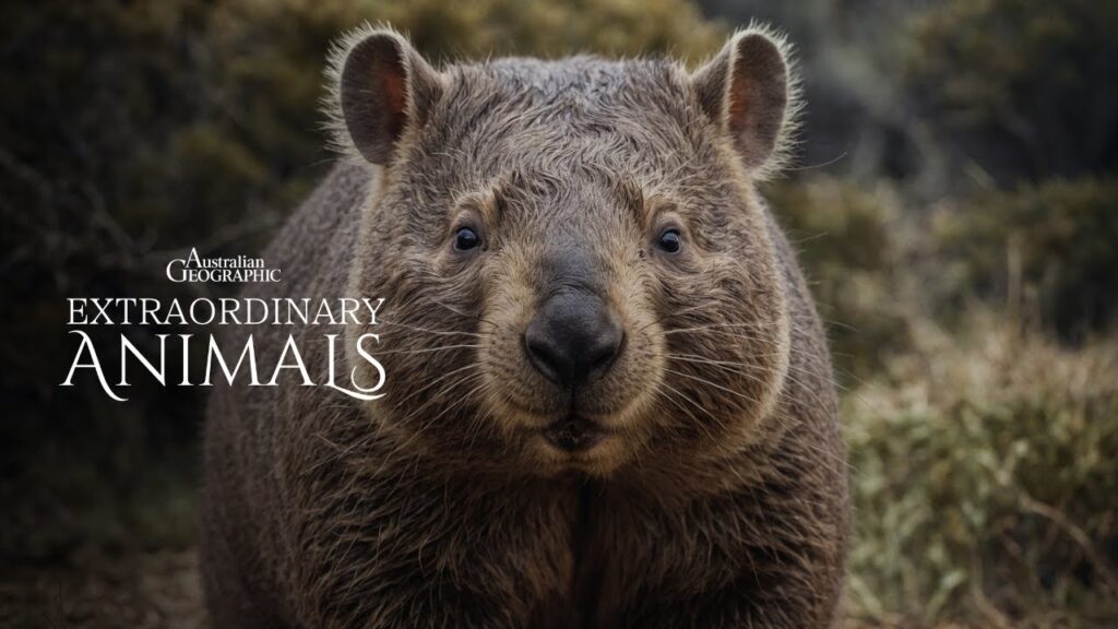A wombat faces the camera. On the image are the words Australian Geographic: Extraordinary Animals