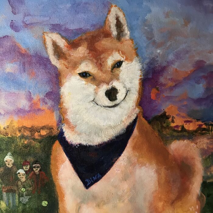 Painting of a Shiba Inu dog wearing a dark bandana