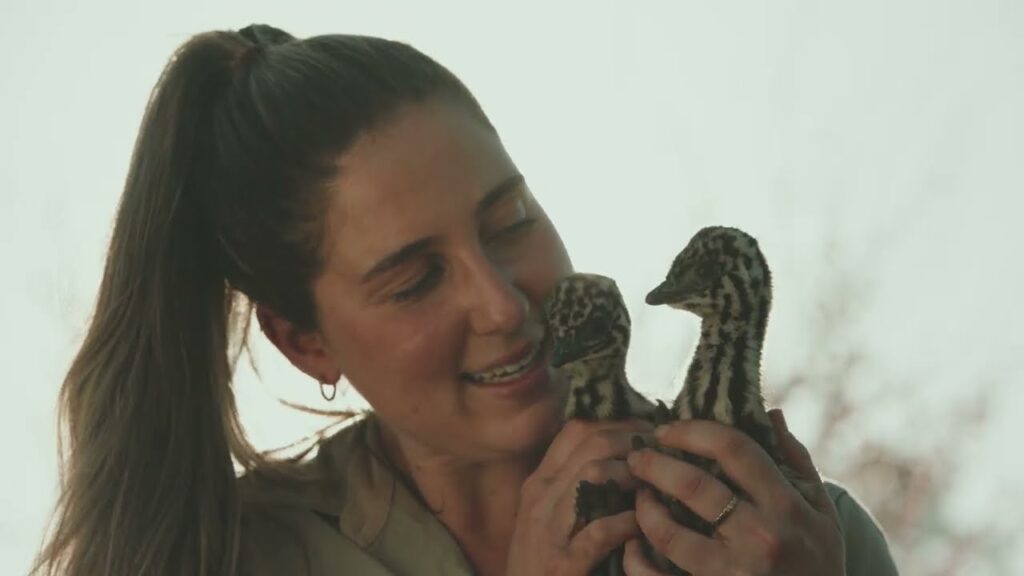 A happy young woman holds a pair of emu chicks close to her face