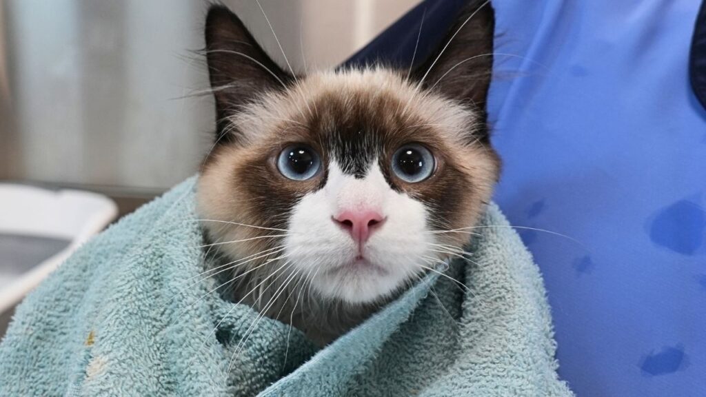 A ragdoll cat with a dark mask pattern around his eyes