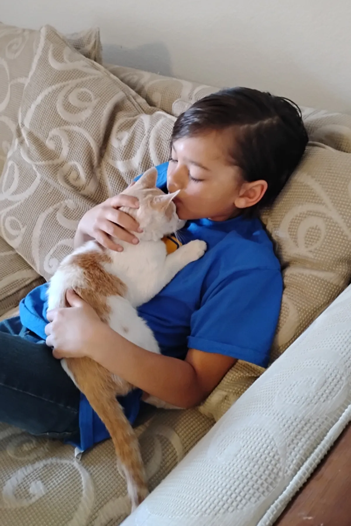 A boy reclining on a couch cradles a kitten in his arms