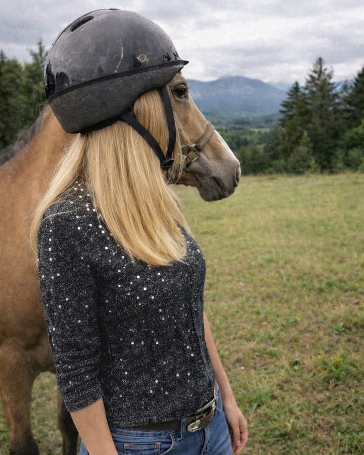 A woman wearing a black riding helmet and turning her face away from the camera stands in front of a horse, creating the impression that the woman has the horse's face.