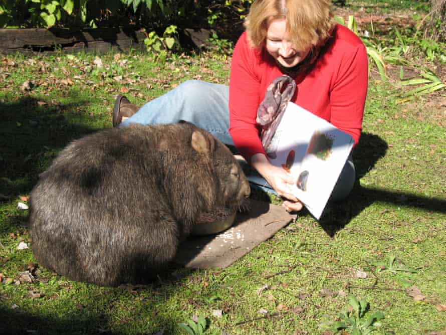 A woman kneels down on the ground and displays an open book to a wombat.