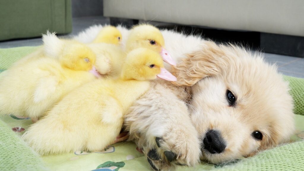 A golden retriever puppy lies on its side in a rectangular dog bed while four yellow ducklings climb on top of it.