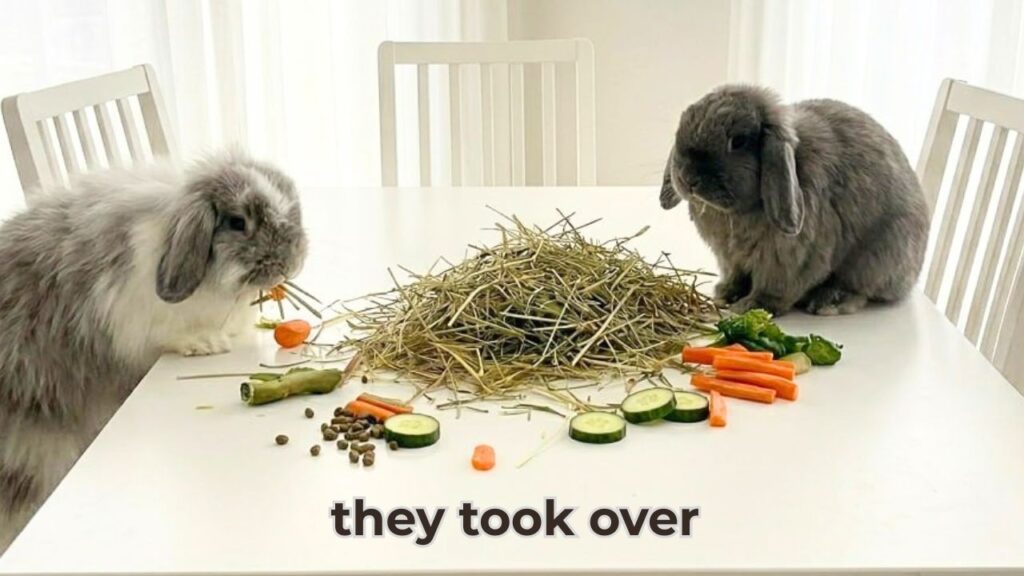 Two lop-eared rabbits eat hay and cut vegetables from the top of a white dining room table
