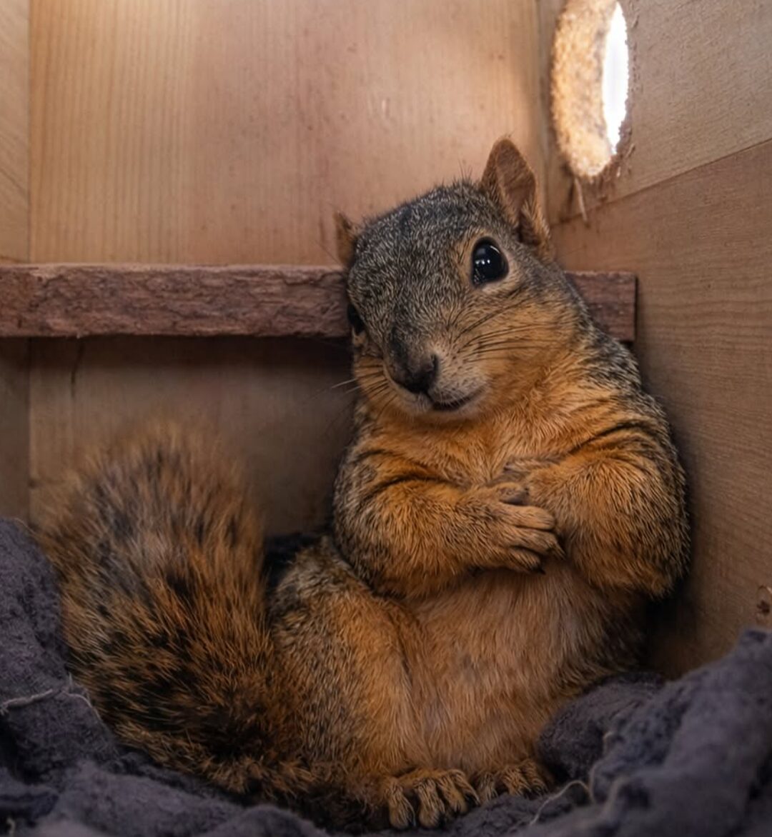 A squirrel sits inside a small wooden box