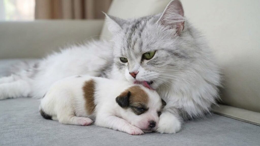 An adult cat licks a puppy on the head.