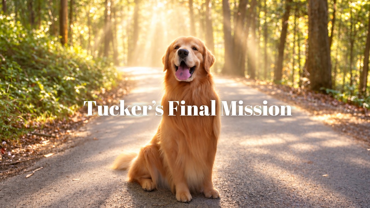 A golden retriever sits in a beautiful forest. The title "Tucker's Last Mission" appears in the center.